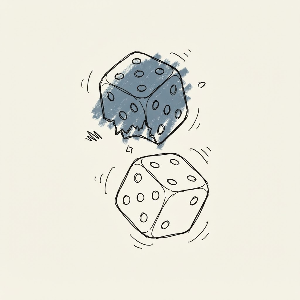 Doodle of two wonky dice mid-tumble