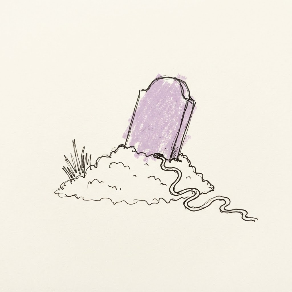 Doodle of a leaning gravestone with a cable trailing out of the dirt