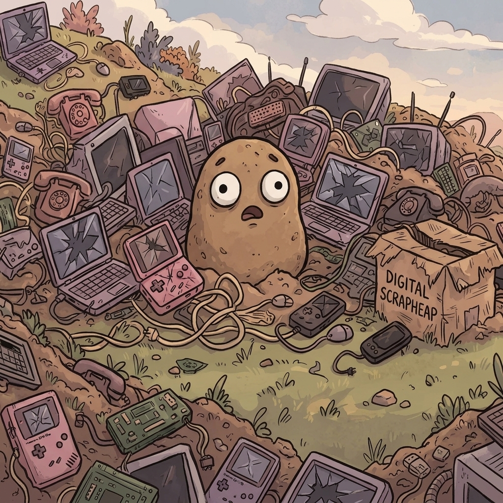 Cartoon hillside piled with broken laptops, tangled cables and dead gadgets, with a wide-eyed potato creature peeking out