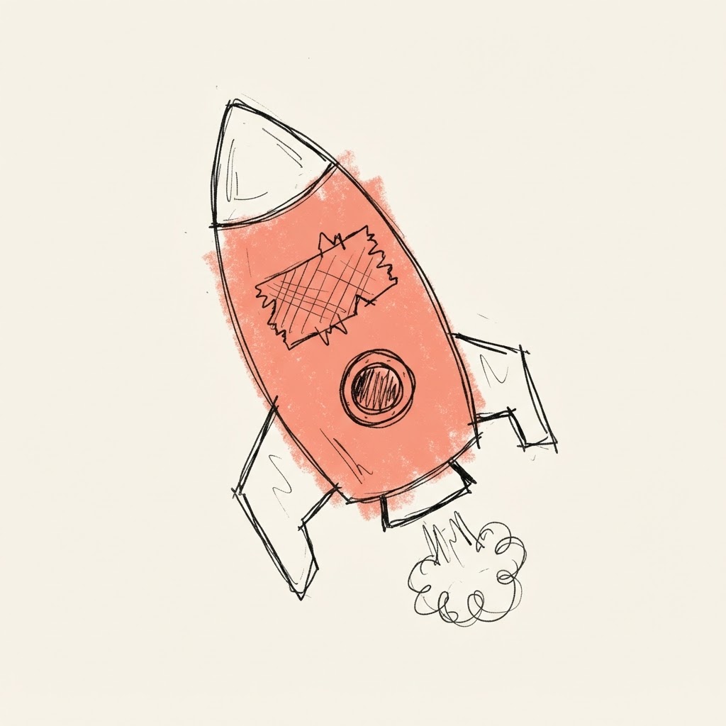 Doodle of a duct-taped toy rocket puffing smoke